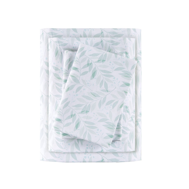 Ensemble de draps en percale de coton Grmeie Mills Esme, Ensemble de draps pour lit très grand avec un dra, Motif floral vert