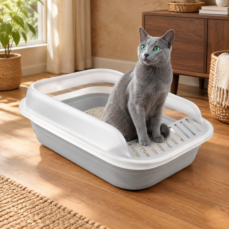 Bac à litière gris semi-fermé et pliable pour chatons et petits chats, avec entrée basse pour les chats âgés, un bac pliable, une pédale anti-fuite et un design de type toilette.