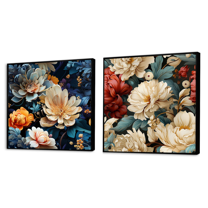 Beige orné Blooming Legacy Delight - ensemble de 2 collages floraux carrés, Cadre flottant noir, H 36 po x l 73 po