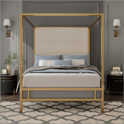 Modern Canopy Bed With Linen Fabric Upholstered Headboard Metal 4-Poster Bed Frame, Box Spring Needed