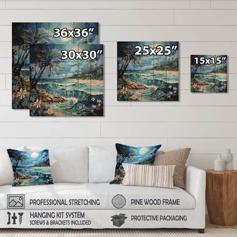 Coastal Island Escape - Impression nautique et de plage sur bois de pin naturel, H 25 po x l 25 po x P 0,78 po