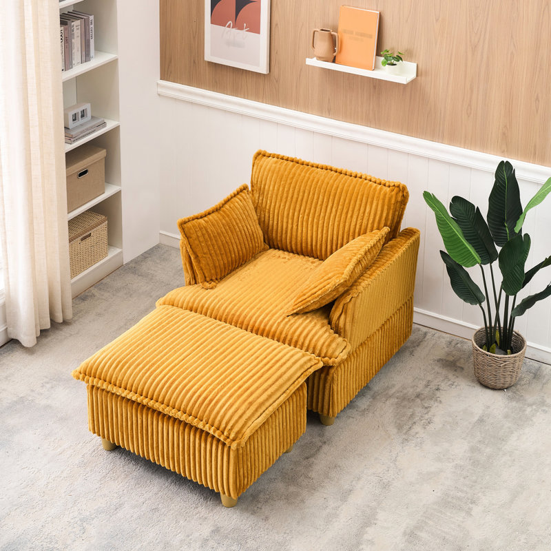 Velours côtelé 1 avec coussins - Polyvalent pour divers espaces Design rétro avec rembourrage en éponge Pieds en plastique 300 lb Capacité de soutien Balcon jaune, salon, cadre en bois massif rempli de chambre à coucher
