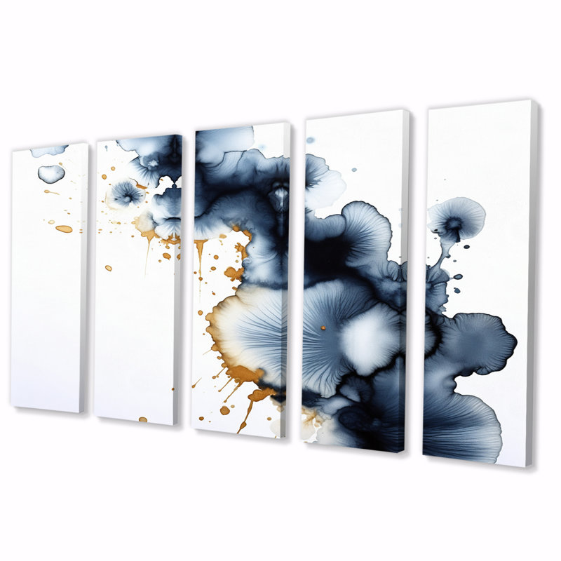 «Lovely Dreams Rhythms» or et nuages d'encre denim II - décoration murale abstraite - 5 panneaux égaux
