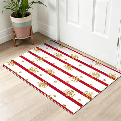 Tapis doré doré lavable à la machine, flocons de neige et flocons de neige rouges et blancs