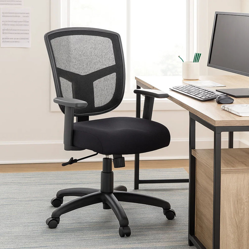 Chaise de bureau pivotante Oyo, filet noir, inclinaison synchronisée, 5 roulettes
