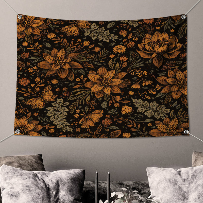 Orange Floral Pattern Wall Tapestry - Flowers Wall Decor, 50in H x60in W with 4 Grommets
