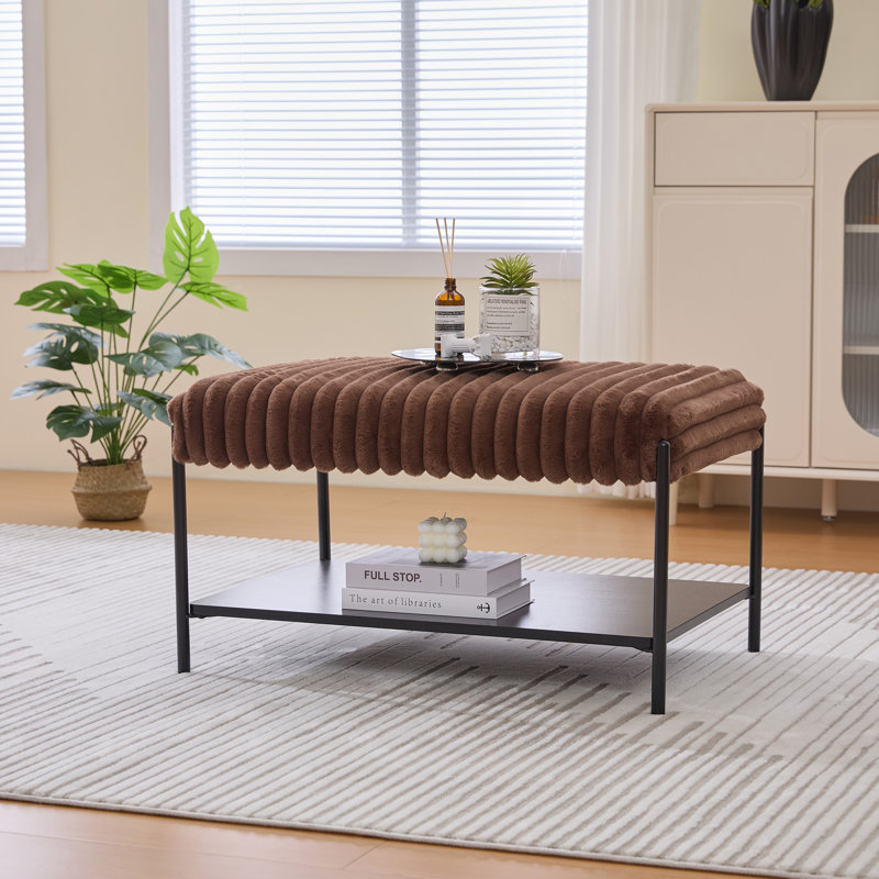 Frey Upholstered Coffee Table with Open Shelf & Metal Legs, Brown