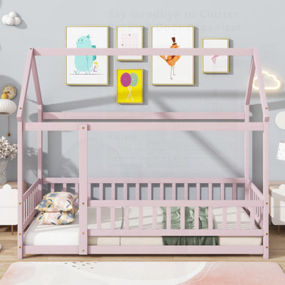 Lit en bois avec structure de toit, garde-corps de sécurité et fabrication robuste pour un sommeil confortable et sécuritaire