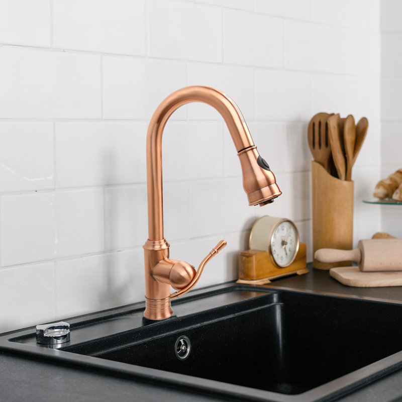 Akicon Pull Out Kitchen Faucet, Single Level Solid Brass Kitchen Sink Faucets with Pull Down Sprayer, Copper