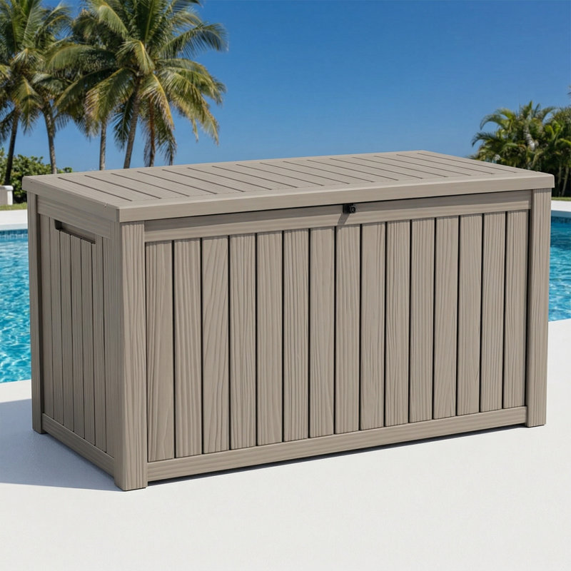 Coffre de terrasse verrouillable en grain de bois 180 gallons, résine résistante à l'eau, Brun