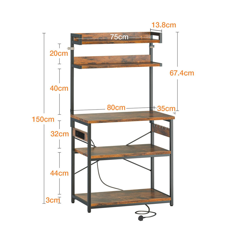 Microwave Shelf Stand With Power Outlet & LED Lights, Kitchen Storage Rack With 5 Shelves And 6 Hooks, Baker's Rack With Steel Frame, Industrial Coffee Bar