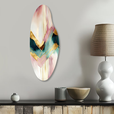 Abstract Geode Geometric Pink And Green III - Geometric Curved Metal Wall Art, Modern Asymmetrical Metal Art Print