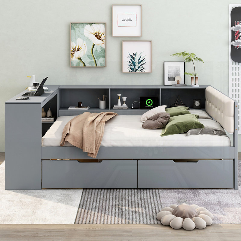Lit plateforme en bois avec tablettes et tiroirs de rangement, Complète , gris