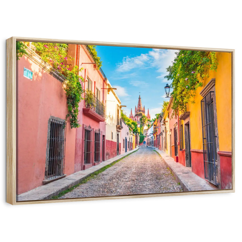 Quaint San Miguel Street, Floating Frame Natural Wood, 40" X 27"