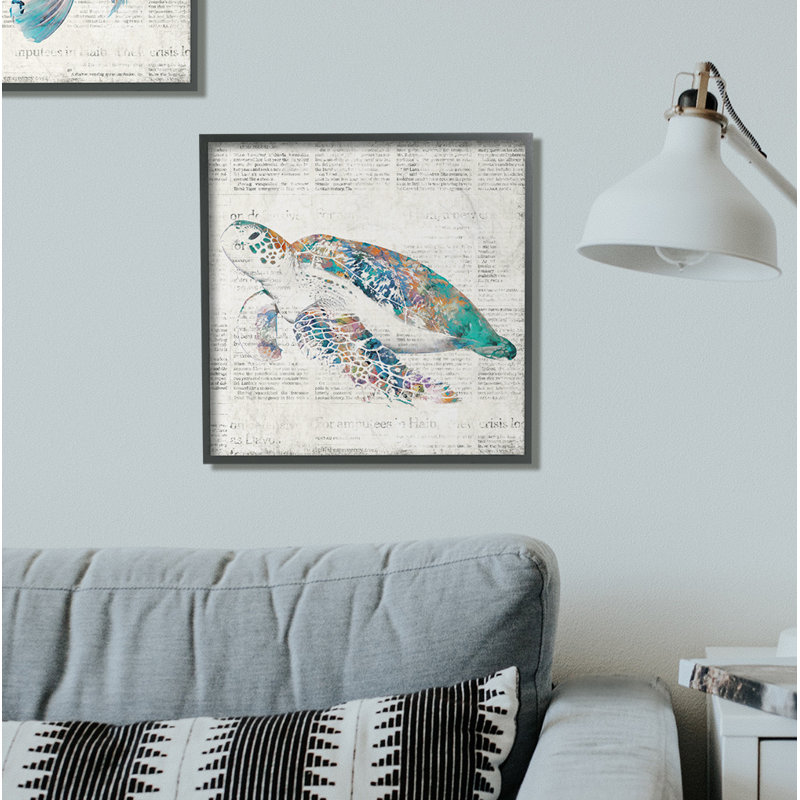 « sea turtle on journal vieilli », impression, H 12 po x l 12 po, Giclée encadrée noir minuit