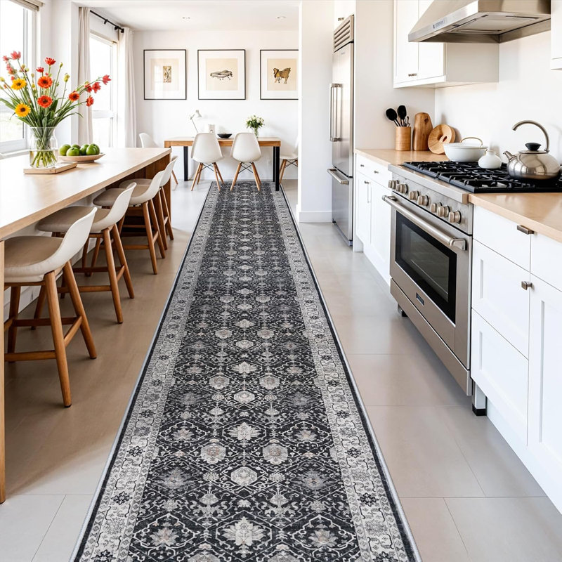 Washable Large Area Rug: Indoor Oriental Living Room Carpet with Non Slip Backing Ultra Soft Low Pile Rugs for Bedroom Dining Room Distressed Stain Resistant Thin Floor Mat (Black)