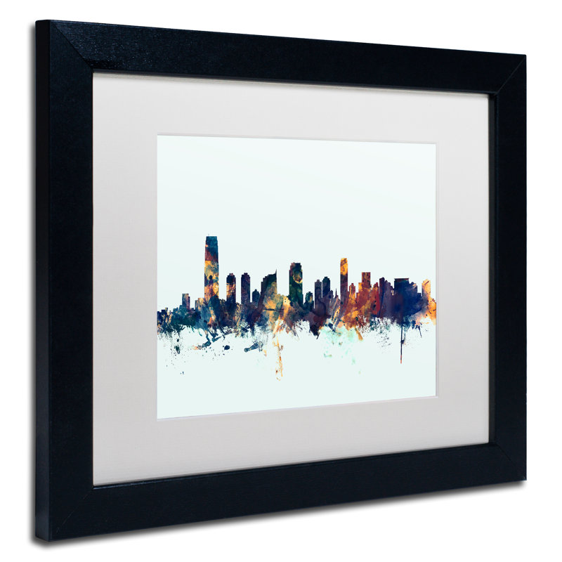 «Jersey City NJ Skyline Blue», impression encadrée, H 11 po x l 14 po x P 0,5 po, Blanc, Cadre noir