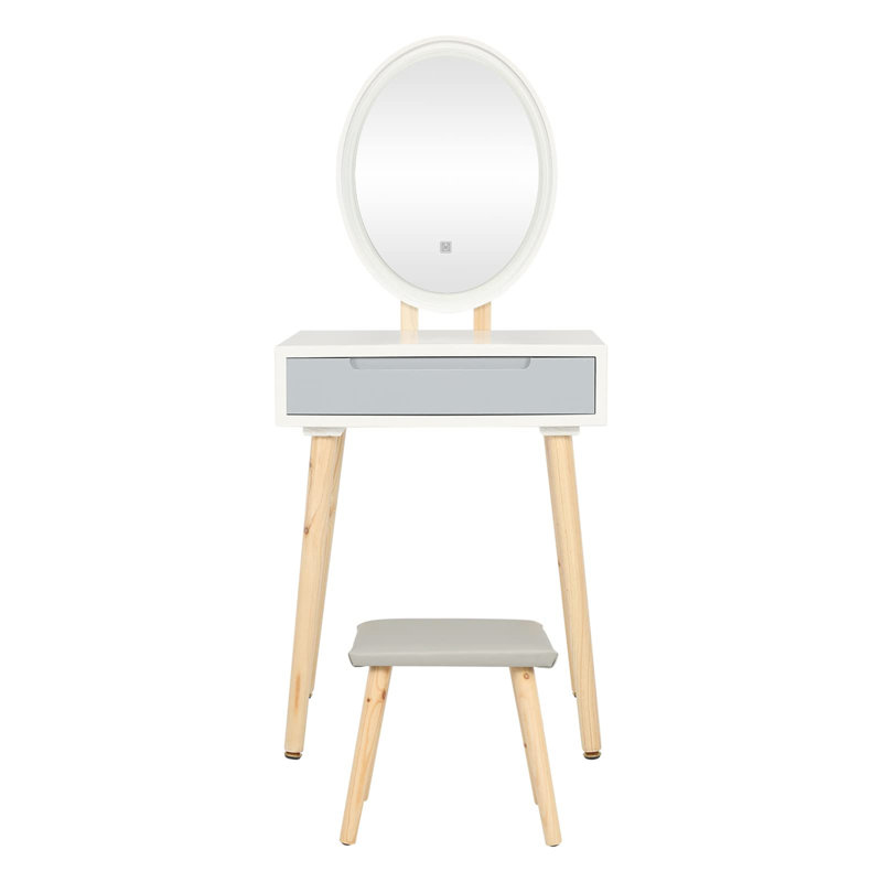 Dressing Table Set With Adjustable LED Light Mirror, 1 Drawer, Padded Stool And Free Cosmetics Organizer