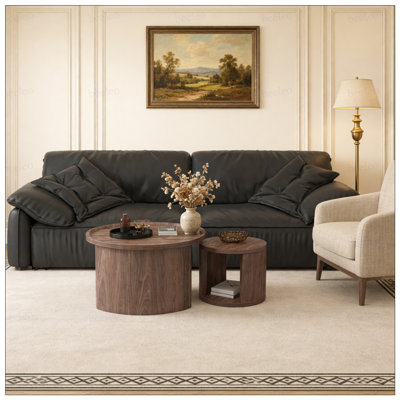 Round Nesting Coffee Table Set of 2, Natural wood color Coffee Table, 31.5" Large & 18" Small Low Tables with Wood Top, Center Table for Living Room,