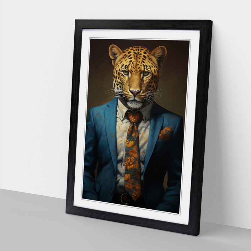 Leopard In A Suit Painting - Single Picture Frame Print on Wood, Black Framed, 34cm H x 25cm W x 2cm D