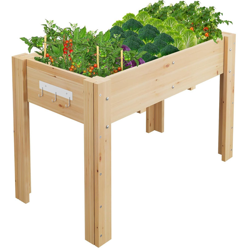 Elevated Garden Bed with Legs & Hooks, Wood Raised Planter Box for Vegetables/Herbs, Outdoor Patio & Backyard with Non-Woven Liner,Natural Wood