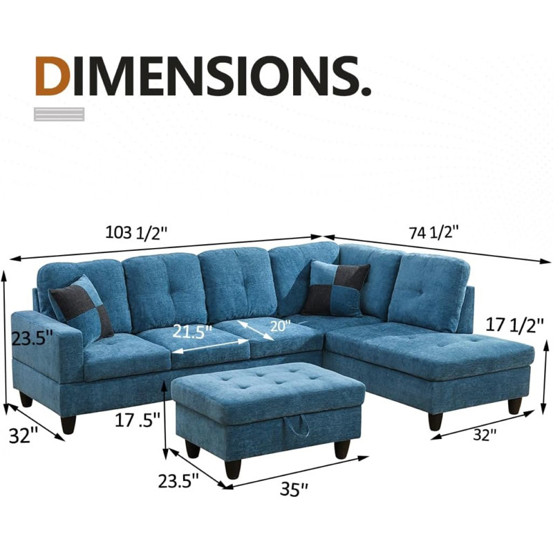 Canapé modulaire en forme de L de 103 po avec repose-pieds de rangement, Orienté à droite, Flanelle bleue
