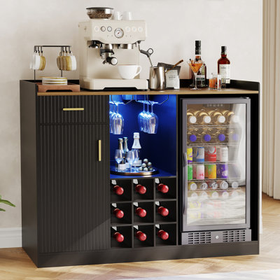 Coffee Bar Cabinet with Fridge Space, Wine Cabinet with Glass Holder, Power Outlet & LED Light, Fluted Buffet Sideboard for Home Bar, Living Room