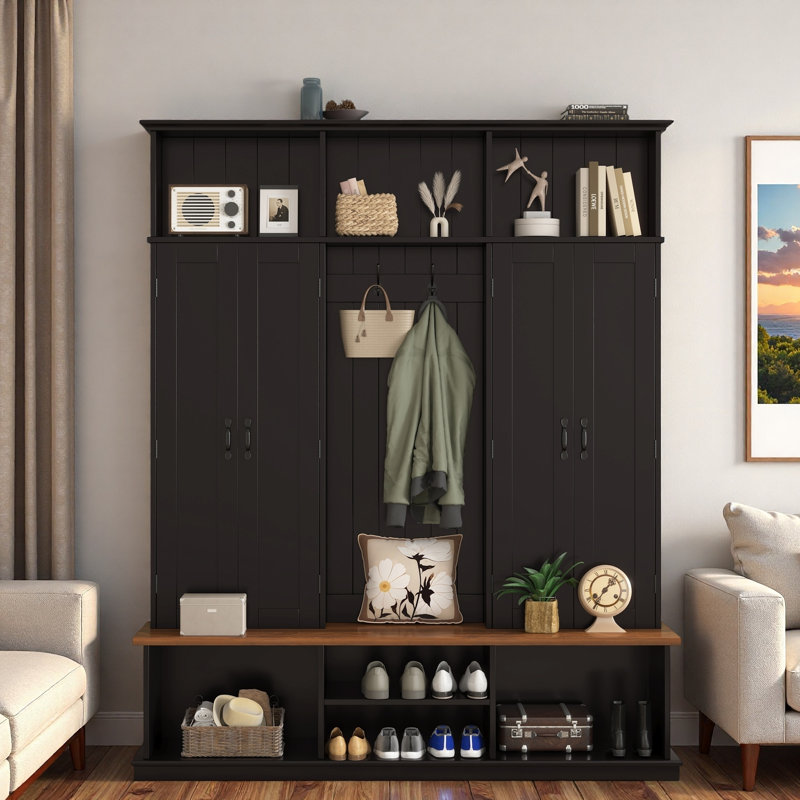 Hall Tree With Bench, Top Cubbies, Bottom Storage Space, Cabinets And Hooks, Black