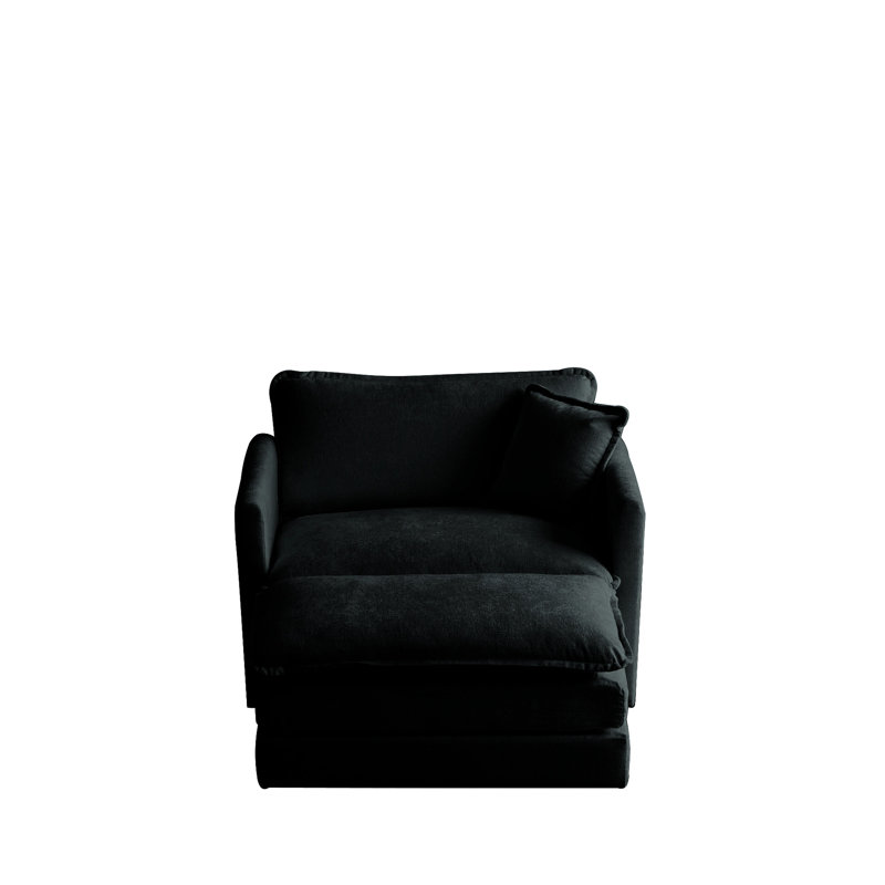 Fauteuil d'appoint avec repose-pieds - Revêtement en chenille noir, bois massif, espace de détente pour le salon