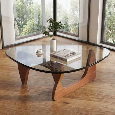 Table basse en verre, base élégante en noyer, mobilier polyvalent