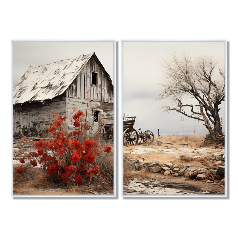 «Red Farmhouse Rustic Elegance I», ensemble de 2 impressions sur toile, H 36 po x l 48 po, Impression encadrée flottante