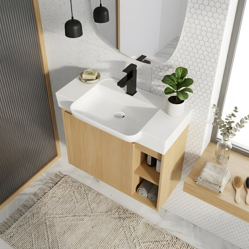 Meuble-lavabo mural multifonctionnel avec porte à fermeture en douceur et tablettes ouvertes, Chêne clair, 28