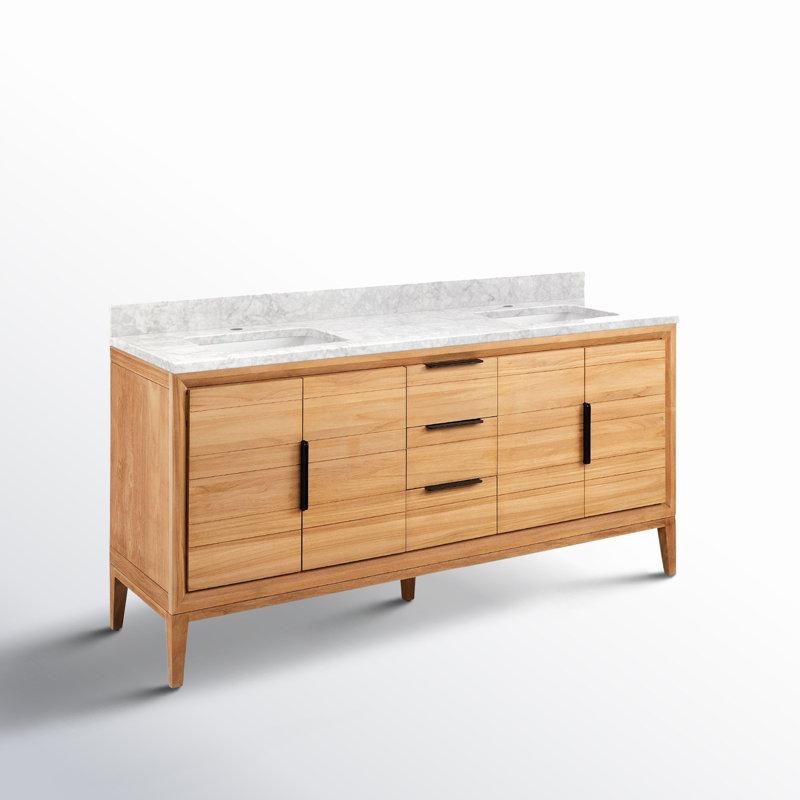 Aliso 72" Double Bathroom Vanity, Carrara Marble, Single-Hole Centered, Natural Teak