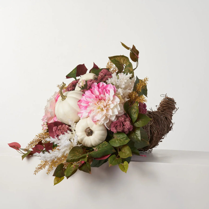 Blush Fall - Dahlia rose, herbe de la Pampa et lierre rhubarbe, corbeille de corne d'abondance de l'Action de grâce avec poignée - 3 options de taille
