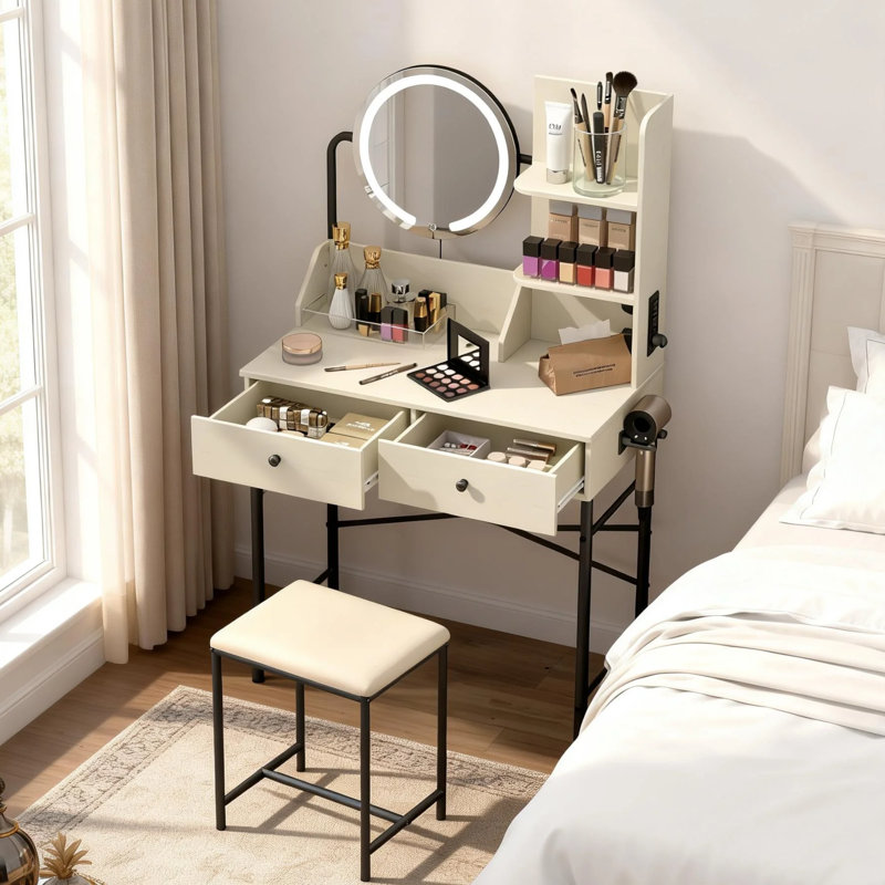 Mark Makeup Vanity Set With LED Round Mirror, Vanity With Built-In Outlet And Two Drawers, Black/White