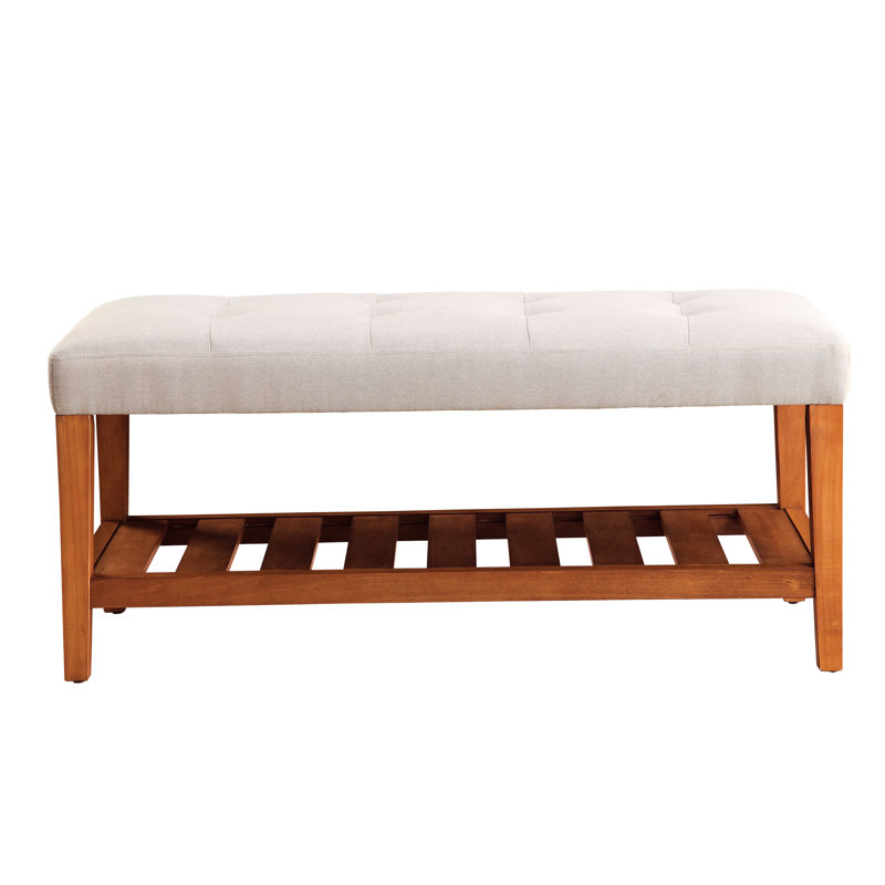 Gray Fabric Bench With Oak Wood Finish - 40"X16" Seat 18" Height Elegant Style Shelf Storage 17.56 In. Versatile, Light Gray