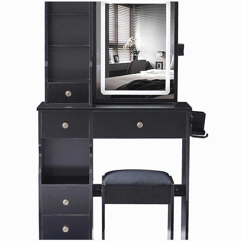 29.2" Small Size Left Drawer Desktop Vanity Table + Cushioned Stool, 2 AC+2 USB Power Station, Hair dryer bracket, Extra Large Touch Control Sliding LED Mirror, Tri-color Switching, Brightness Adjust