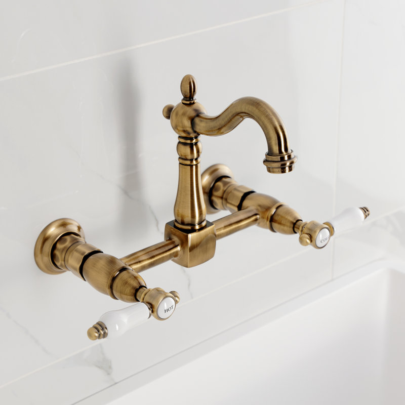 Kingston Brass Bel-Air Double-Handle 2-Hole Wall-Mount Bridge Kitchen Faucet, Antique Brass