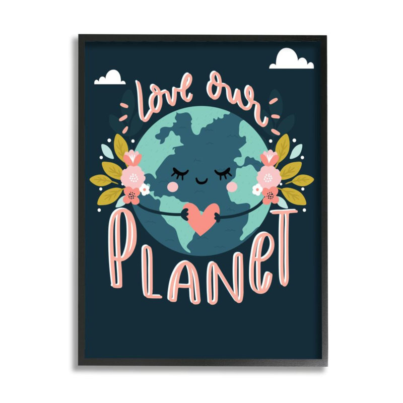 «Love our planète phrase» par Angela Nickeas - reproduction d'art textuel, H 30 po x l 24 po, Giclée encadrée noir minuit
