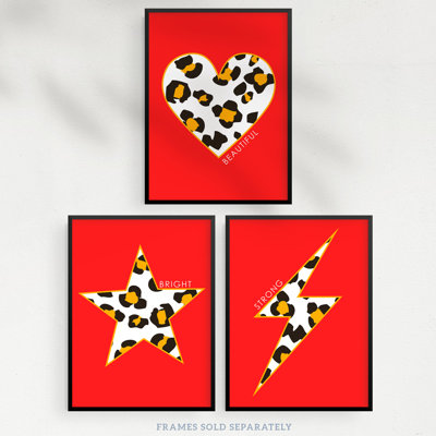 Leopard Pattern Heart Lightning Star Shape Red Motivational - 3 Piece No Frame Print Set