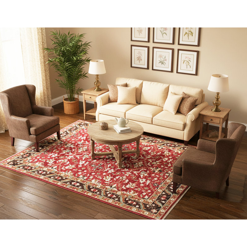 Tapis rouge en laine noué à la main Oushak 6 pi x 9 pi - motif à médaillon floral traditionnel, tapis oriental rétro