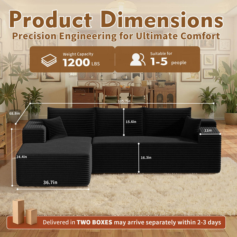105'' Boneless Couches for Living Room: Compressed Floor Boneless Couch, 70D Memory Foam Modular L-Shaped Modern Corduroy Sofa for Living Room Bedroom