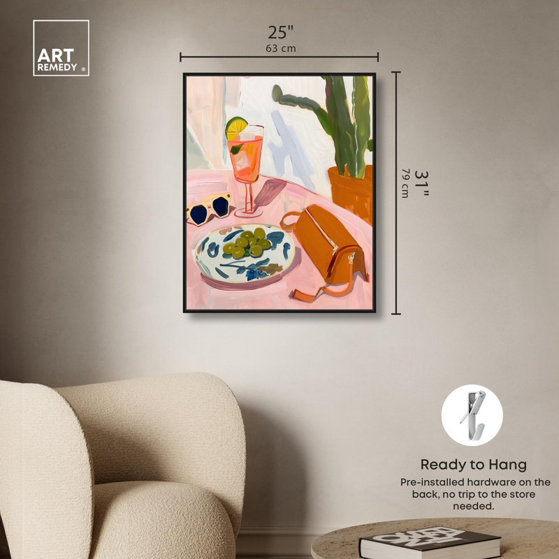 Après-midi casse-croûte, plage, art côtier par Art Remedy, H 31 po x l 25 po x P 1,8 po, Cadre noir