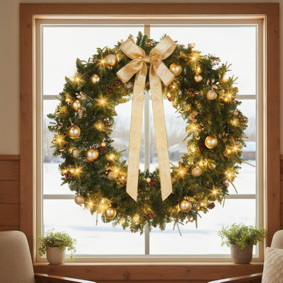 Christmas Wreath 48" Lighted Artificial Garland, PE/PVC Fir Greenery with 150 Warm White LED & 8 Modes, Golden Accents & DIY Ornaments for Front Door, Mantel & Holiday Decor