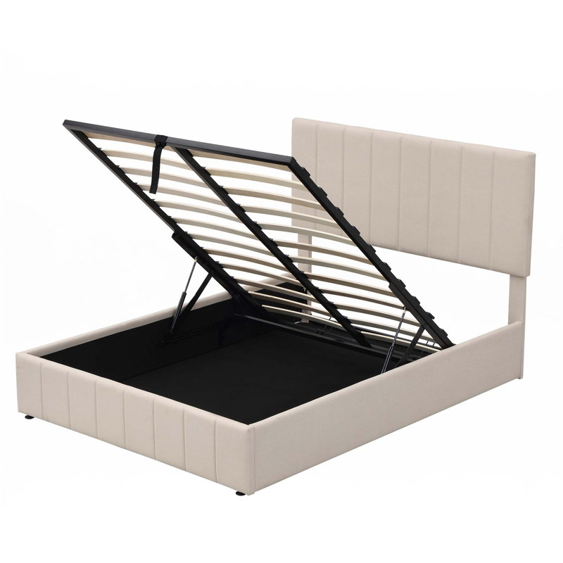 Lit plateforme tapissier avec système de rangement hydraulique, Beige, Complète