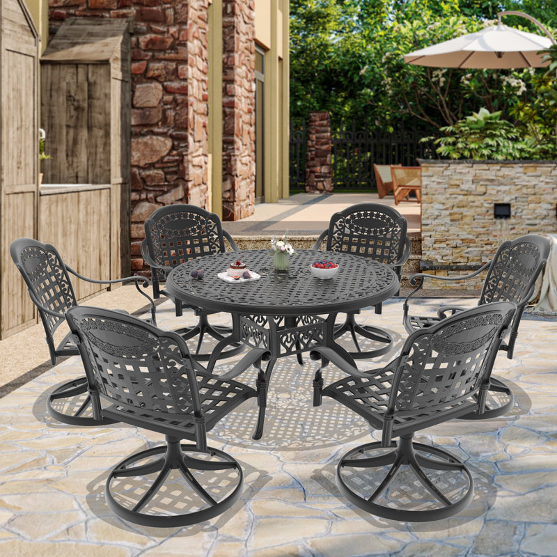 Ensemble de salle à manger d'extérieur 7 pièces en fonte d'aluminium avec chaises pivotantes, coussins et trou pour parasol