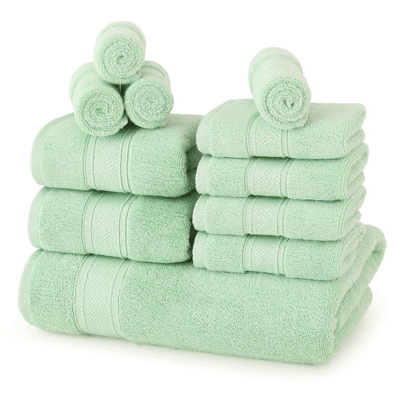 Kimmarie 11 Piece Cotton Towel Set, Bath Towel 27x54", 2 Hand Towels 16x28" and 8 Wash Cloths 12x12", Mint Cream Green