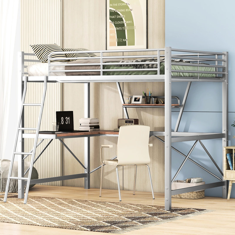 Lit mezzanine argenté en métal avec bureau et tablette - robuste et sécuritaire, aucun sommier requis