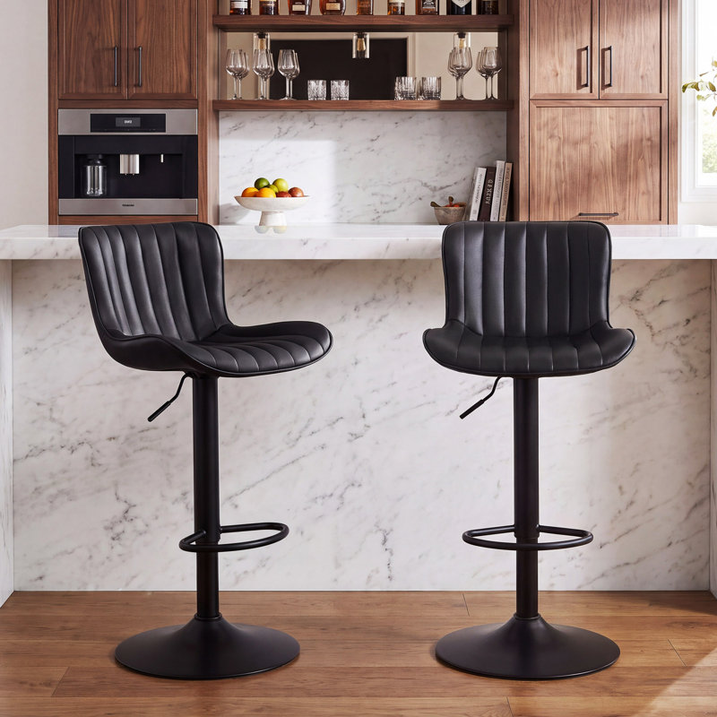 Denan Swivel Adjustable Height Bar Stools, Faux Leather Modern Barstools, Upholstered Counter Stool, Black, 2