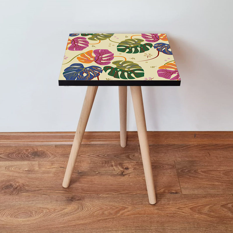 Modern Side Table with Beech Wood Legs, 13.8 x 16.5 x 13.8 inches | 100% MDF Construction, Thickness: 0.7 inches | Stylish Floral Design, Perfect for Living Room & Bedroom Decor, Durable & Elegant